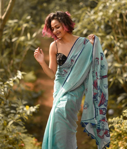 FlexFeb Soft Printed Linen Saree with Blouse Piece – Aqua Blue Casual Wear Saree with Artistic Pallu Design