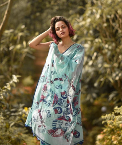 FlexFeb Soft Printed Linen Saree with Blouse Piece – Aqua Blue Casual Wear Saree with Artistic Pallu Design
