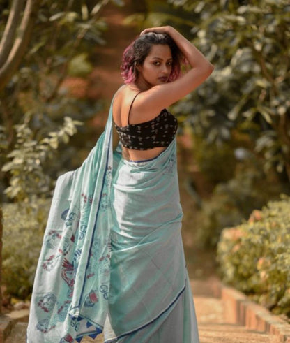 FlexFeb Soft Printed Linen Saree with Blouse Piece – Aqua Blue Casual Wear Saree with Artistic Pallu Design