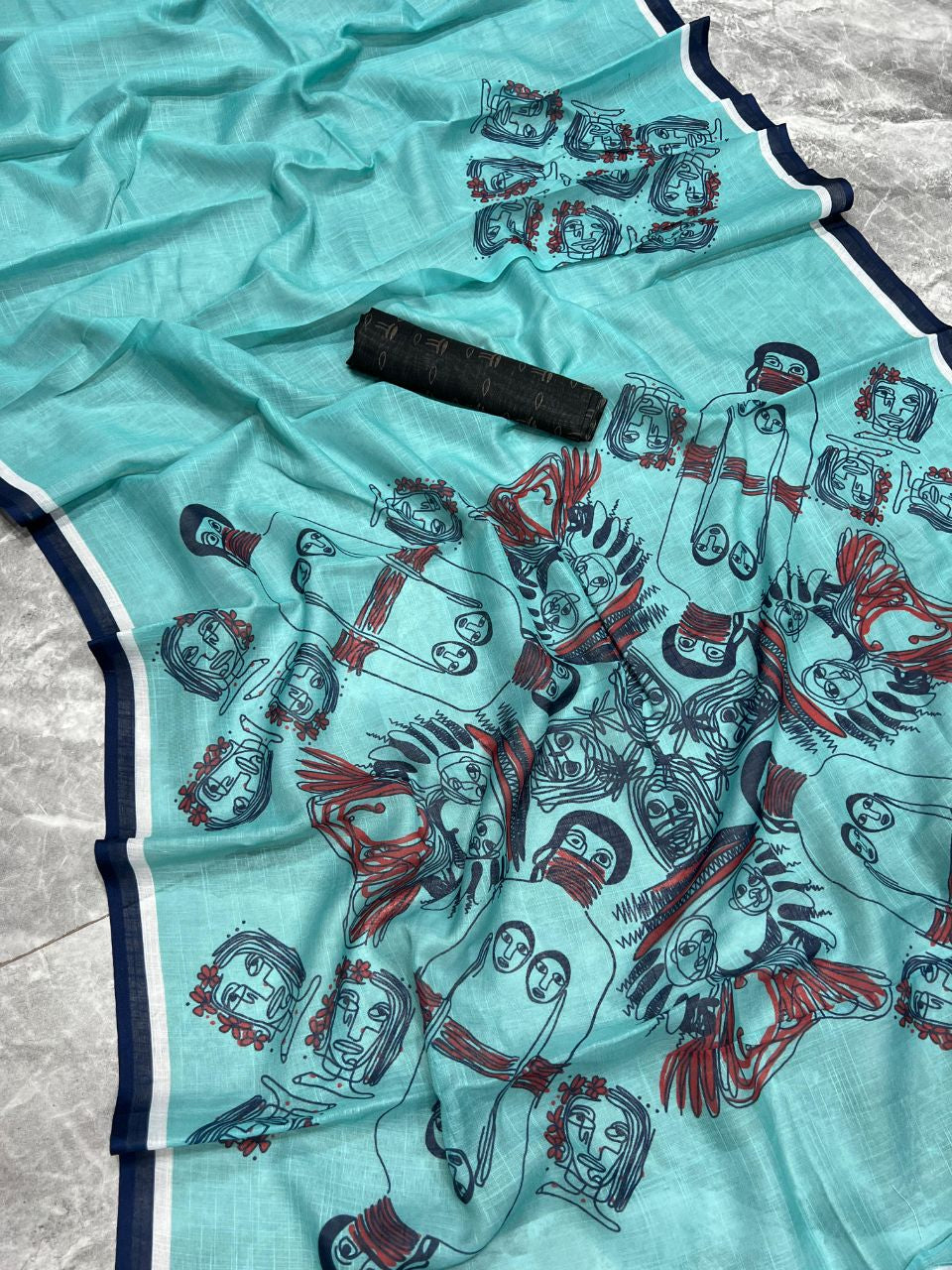 FlexFeb Soft Printed Linen Saree with Blouse Piece – Aqua Blue Casual Wear Saree with Artistic Pallu Design