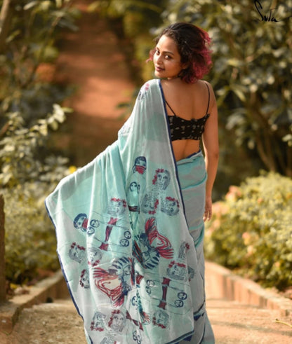 FlexFeb Soft Printed Linen Saree with Blouse Piece – Aqua Blue Casual Wear Saree with Artistic Pallu Design