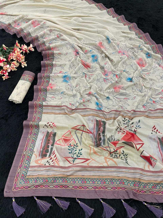 FlexFeb Elegant Manipuri Silk Saree with Floral Print & Artistic Tassel Border