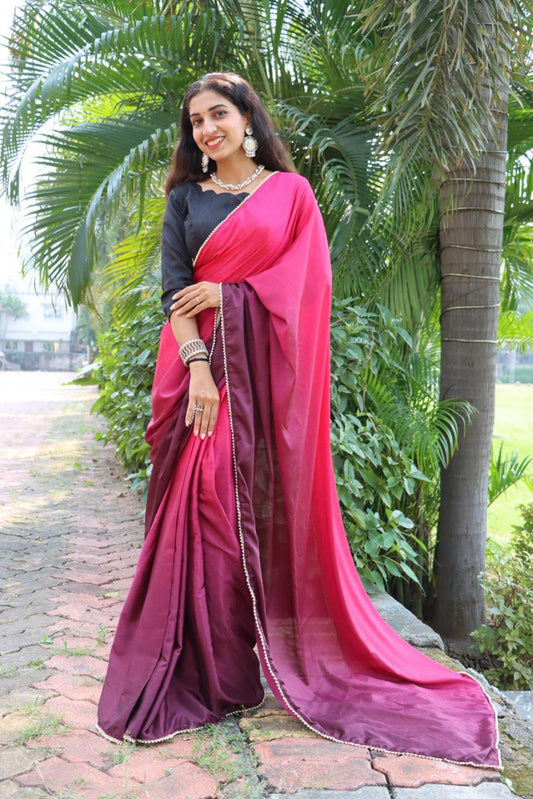 FlexFeb Ready-to-Wear Ombre Pink & Maroon Saree with Pearl Lace Border