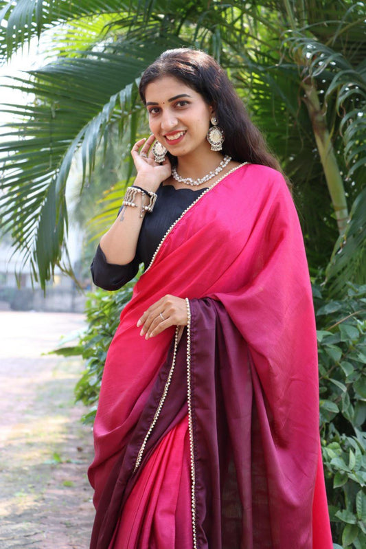 FlexFeb Ready-to-Wear Ombre Pink & Maroon Saree with Pearl Lace Border