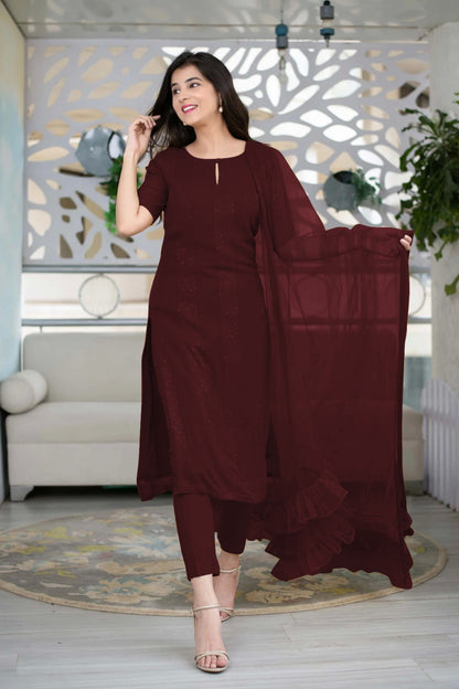 Rich Maroon Slub Cotton Stitched Suit Set - Kurta, Bottom, and Dupatta
