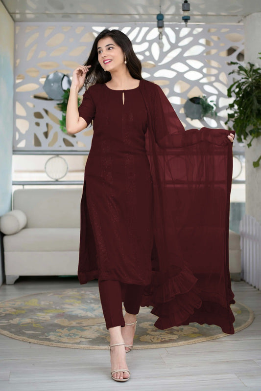 Rich Maroon Slub Cotton Stitched Suit Set - Kurta, Bottom, and Dupatta