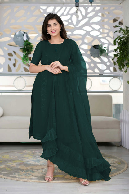 Deep Green Slub Cotton Stitched Suit Set - Kurta, Bottom, and Dupatta
