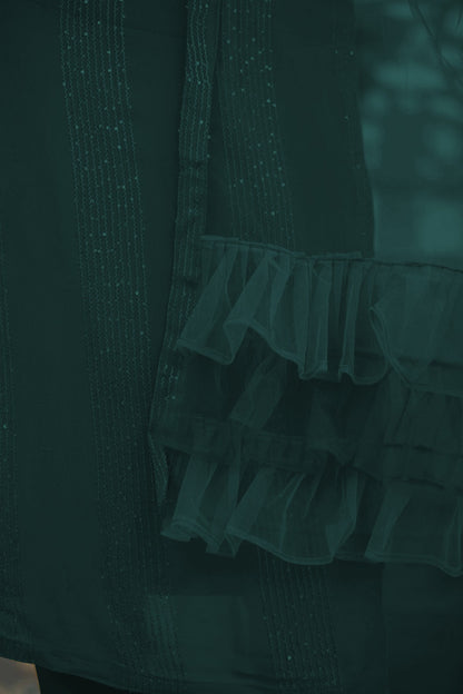 Deep Green Slub Cotton Stitched Suit Set - Kurta, Bottom, and Dupatta