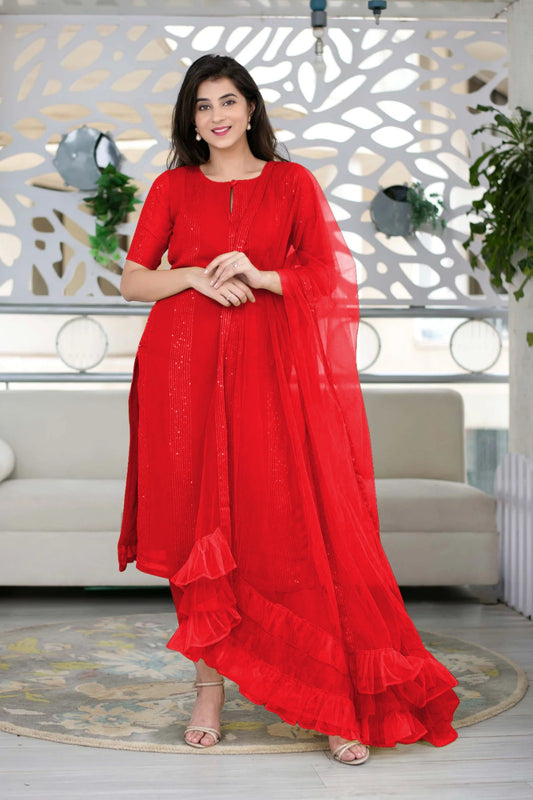 Radiant Red Slub Cotton Stitched Suit Set - Kurta, Bottom, and Dupatta