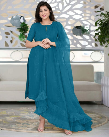 Elegant Teal Blue Slub Cotton Embroidered Stitched Suit Set - Kurta, Bottom, and Dupatta