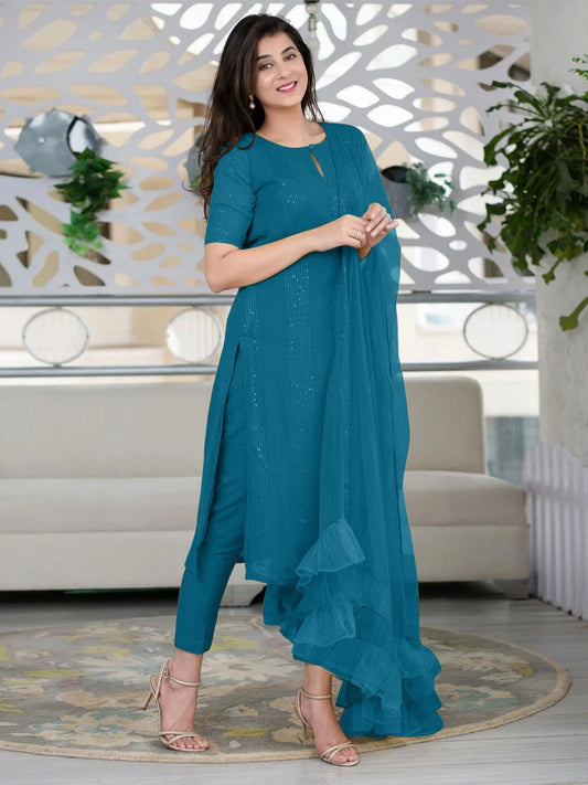 Elegant Teal Blue Slub Cotton Embroidered Stitched Suit Set - Kurta, Bottom, and Dupatta