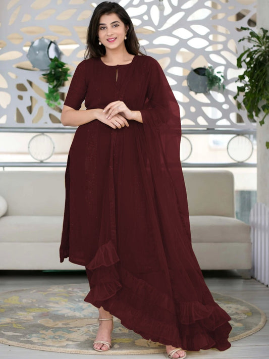 Rich Maroon Slub Cotton Stitched Suit Set - Kurta, Bottom, and Dupatta