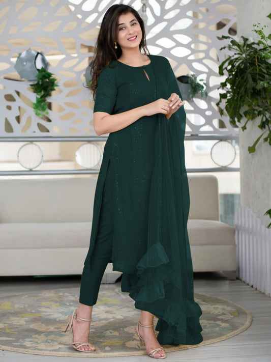 Deep Green Slub Cotton Stitched Suit Set - Kurta, Bottom, and Dupatta