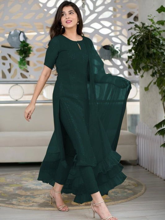 Deep Green Slub Cotton Stitched Suit Set - Kurta, Bottom, and Dupatta