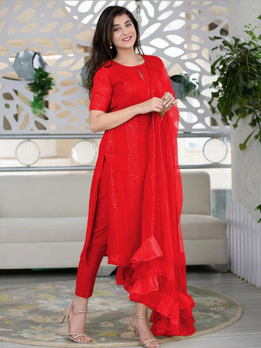 Radiant Red Slub Cotton Stitched Suit Set - Kurta, Bottom, and Dupatta