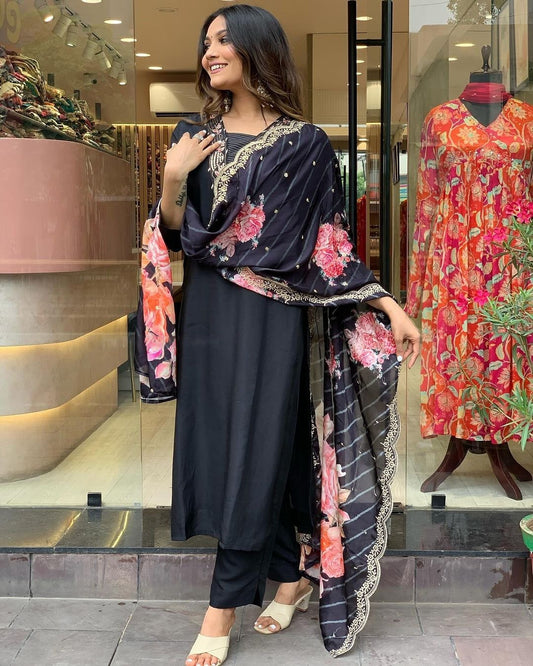 FlexFeb Elegant Black Embroidered Muslin Stitched Suit Set (Top, Bottom & Dupatta)