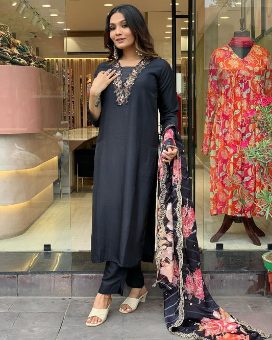 FlexFeb Elegant Black Embroidered Muslin Stitched Suit Set (Top, Bottom & Dupatta)