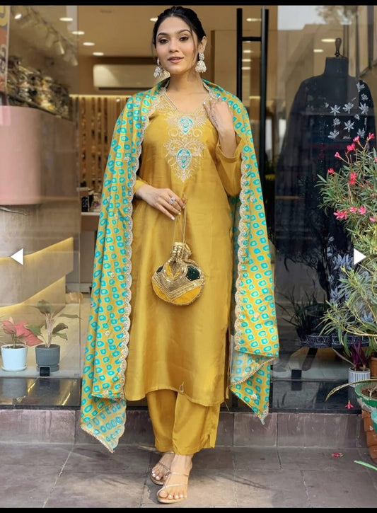 Mustard Slub Cotton Stitched Suit Set – Kurta, Bottom & Printed Dupatta