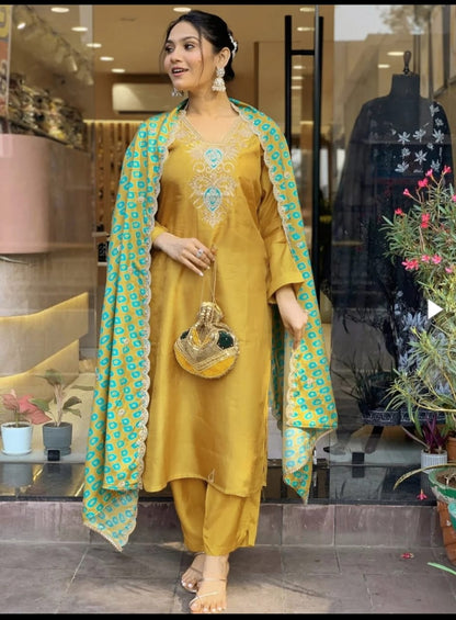 Mustard Slub Cotton Stitched Suit Set – Kurta, Bottom & Printed Dupatta