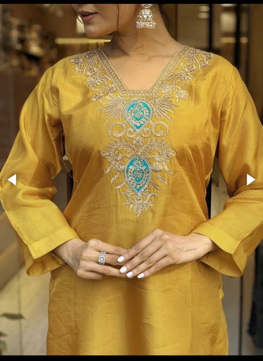 Mustard Slub Cotton Stitched Suit Set – Kurta, Bottom & Printed Dupatta