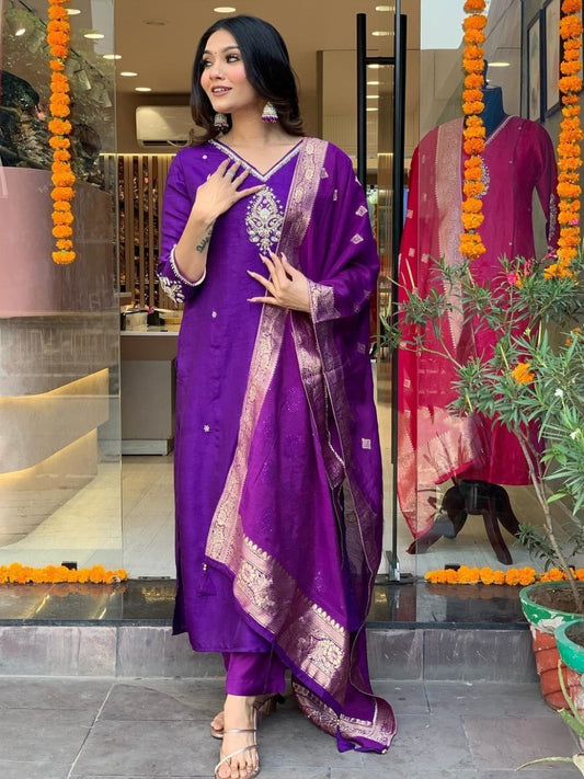 Elegant Purple Viscose Rayon Stitched Suit Set – Kurta, Bottom & Banarasi Dupatta