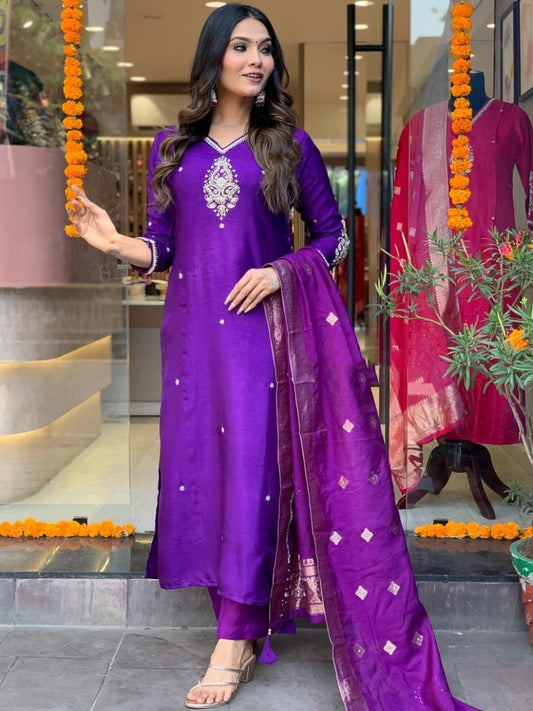 Elegant Purple Viscose Rayon Stitched Suit Set – Kurta, Bottom & Banarasi Dupatta