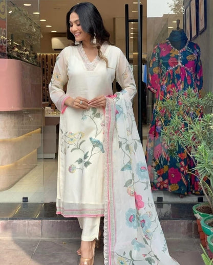 Elegant White Floral Embroidered Cotton Suit Set with Dupatta – V-Neck Kurta & Straight Pants