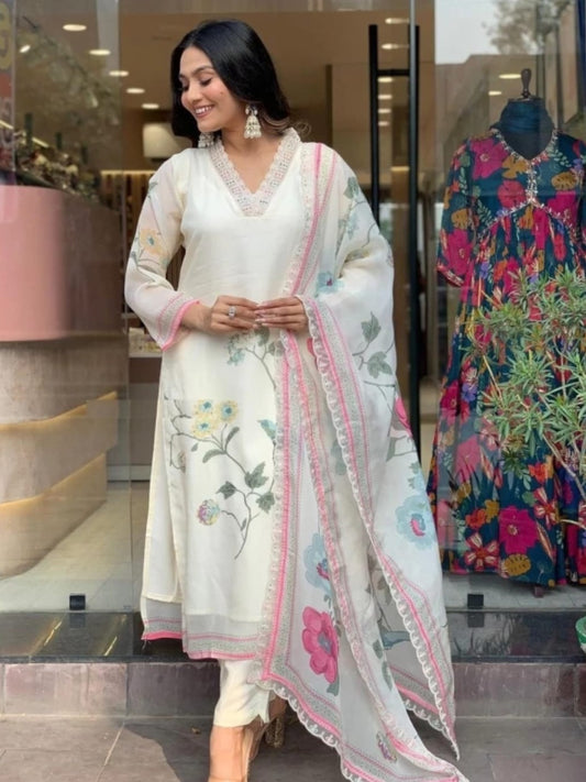 Elegant White Floral Embroidered Cotton Suit Set with Dupatta – V-Neck Kurta & Straight Pants