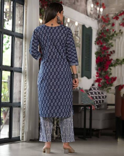 Dark Blue Cotton Printed Suit Set with White Line Design – 3-Piece Comfortable Ethnic Set for Women