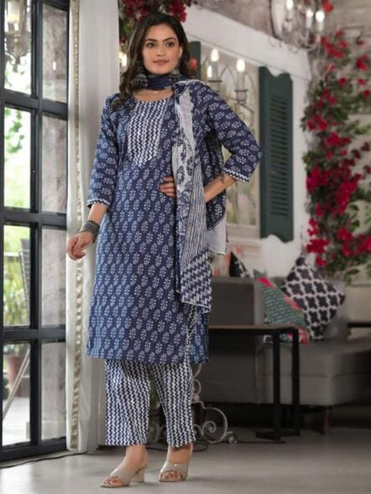 Dark Blue Cotton Printed Suit Set with White Line Design – 3-Piece Comfortable Ethnic Set for Women