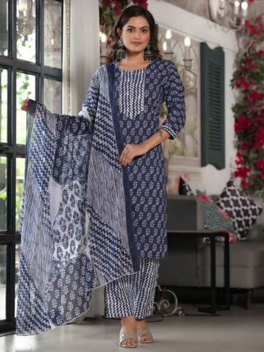 Dark Blue Cotton Printed Suit Set with White Line Design – 3-Piece Comfortable Ethnic Set for Women