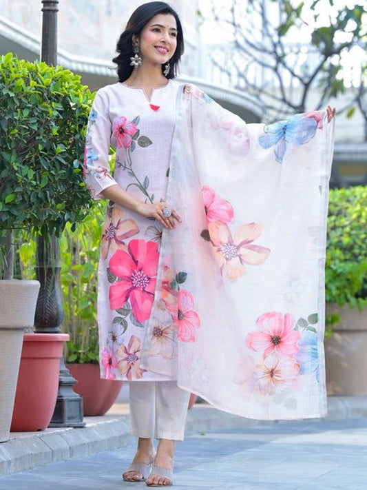 Elegant White Cotton Floral Suit Set with Pink & Blue Flowers – 3-Piece Ethnic Wear for Women