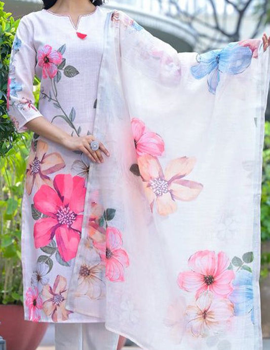 Elegant White Cotton Floral Suit Set with Pink & Blue Flowers – 3-Piece Ethnic Wear for Women