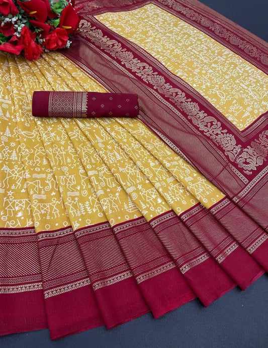 FlexFeb Soft Tussar Silk Saree in Mustard Yellow with Maroon Border & Traditional Warli Print Design