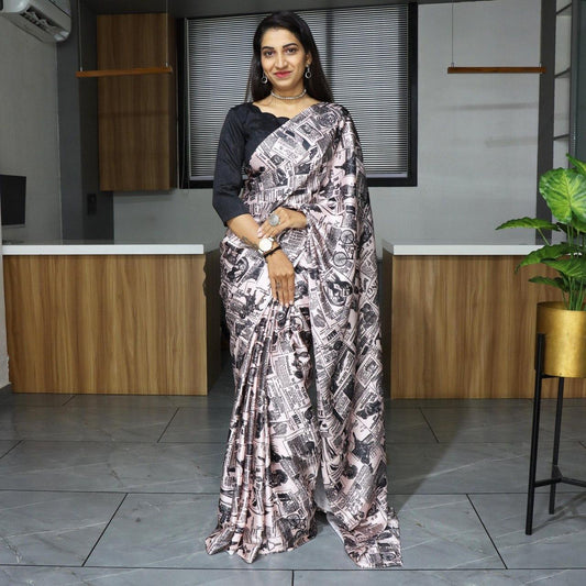 FlexFeb Pure Japan Satin Printed Saree with Plain Blouse – Soft, Glossy & Elegant Drape