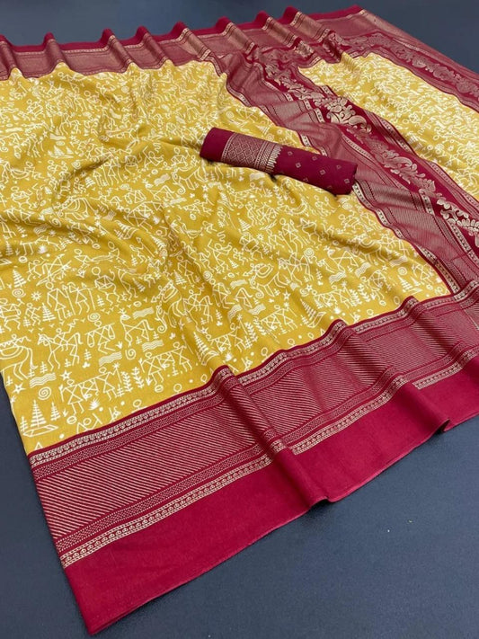FlexFeb Soft Tussar Silk Saree in Mustard Yellow with Maroon Border & Traditional Warli Print Design