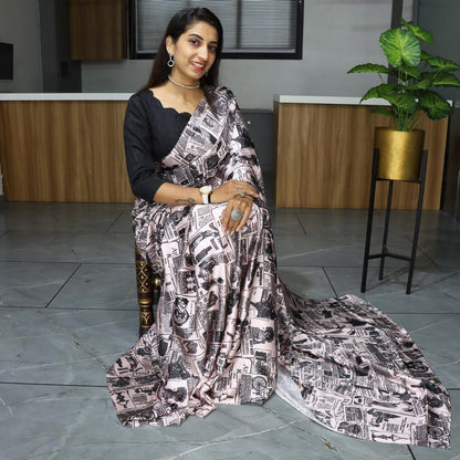 FlexFeb Pure Japan Satin Printed Saree with Plain Blouse – Soft, Glossy & Elegant Drape