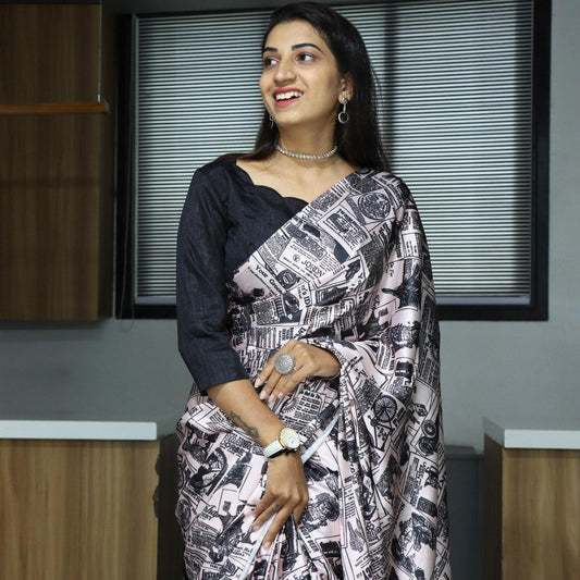 FlexFeb Pure Japan Satin Printed Saree with Plain Blouse – Soft, Glossy & Elegant Drape
