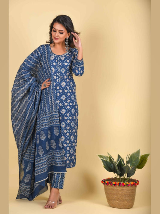 Elegant Indigo Printed Cotton Kurta Set with Dupatta | Ethnic Wear for Women