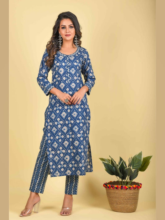 Elegant Indigo Printed Cotton Kurta Set with Dupatta | Ethnic Wear for Women