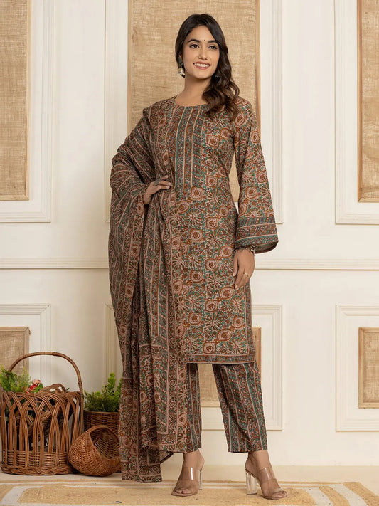 Rama Color Printed Cotton Straight Kurta Suit Set with Dupatta – Ethnic Wear for Women