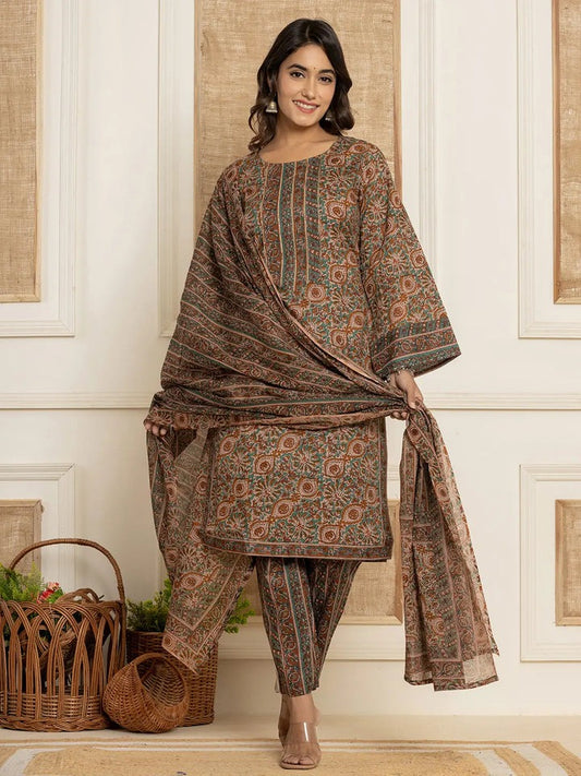 Rama Color Printed Cotton Straight Kurta Suit Set with Dupatta – Ethnic Wear for Women