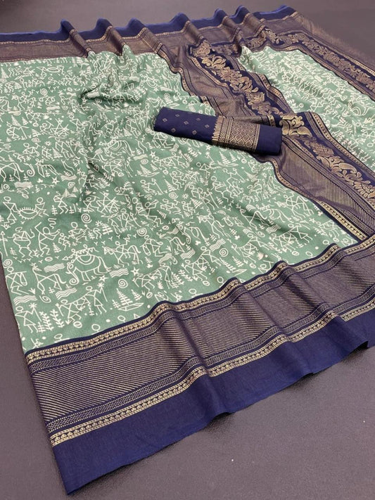 FlexFeb Soft Tussar Silk Saree in Green with Navy Blue Border & Tribal Warli Print Design