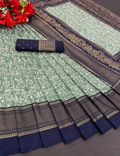 FlexFeb Soft Tussar Silk Saree in Green with Navy Blue Border & Tribal Warli Print Design