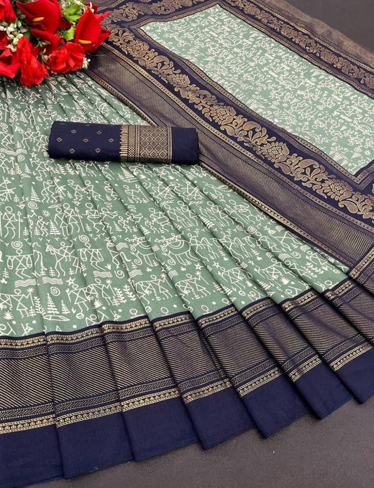 FlexFeb Soft Tussar Silk Saree in Green with Navy Blue Border & Tribal Warli Print Design