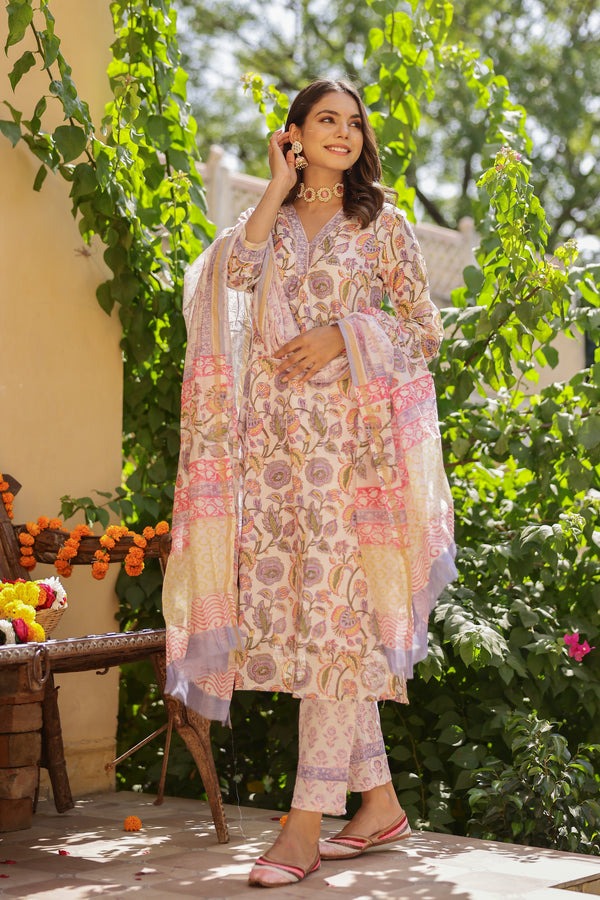 Elegant Floral Printed Cotton 3-Piece Suit Set for Women | Soft Pastel Kurta with Pant & Dupatta