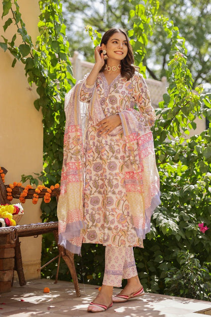 Elegant Floral Printed Cotton 3-Piece Suit Set for Women | Soft Pastel Kurta with Pant & Dupatta