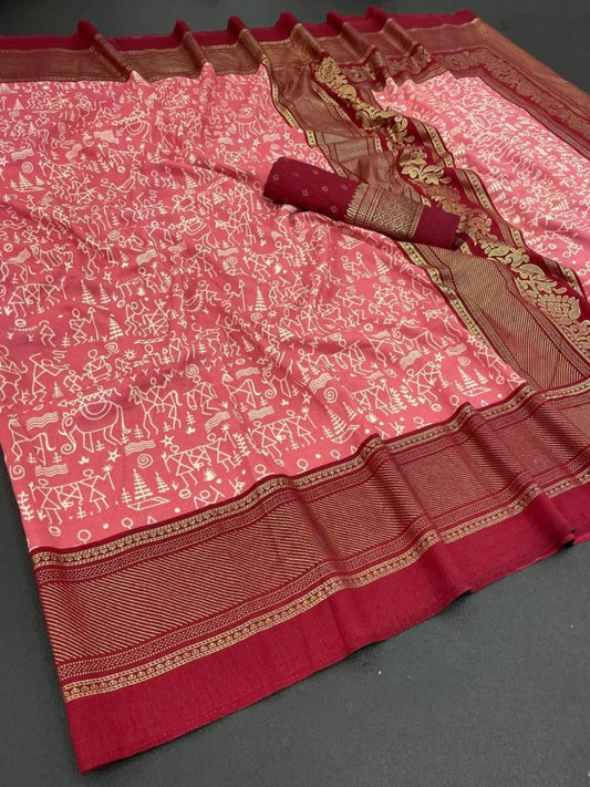 FlexFeb Soft Tussar Silk Saree in Pink with Maroon Border & Traditional Warli Print Design