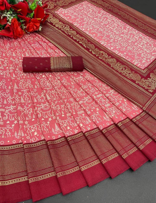 FlexFeb Soft Tussar Silk Saree in Pink with Maroon Border & Traditional Warli Print Design