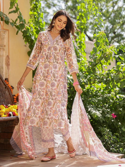 Elegant Floral Printed Cotton 3-Piece Suit Set for Women | Soft Pastel Kurta with Pant & Dupatta